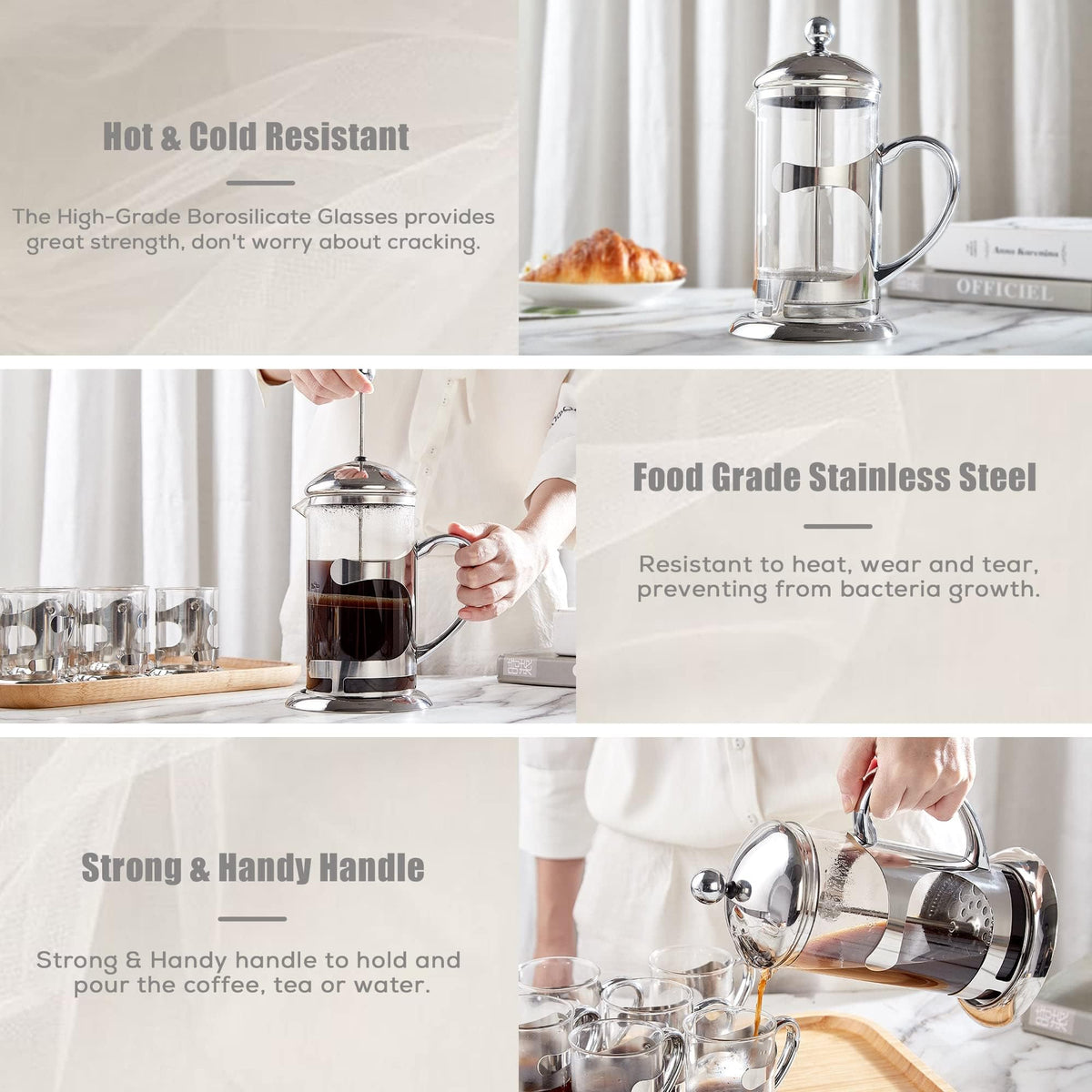 Silver 34oz French Press Coffee Maker with 4-Level Filter System E6484