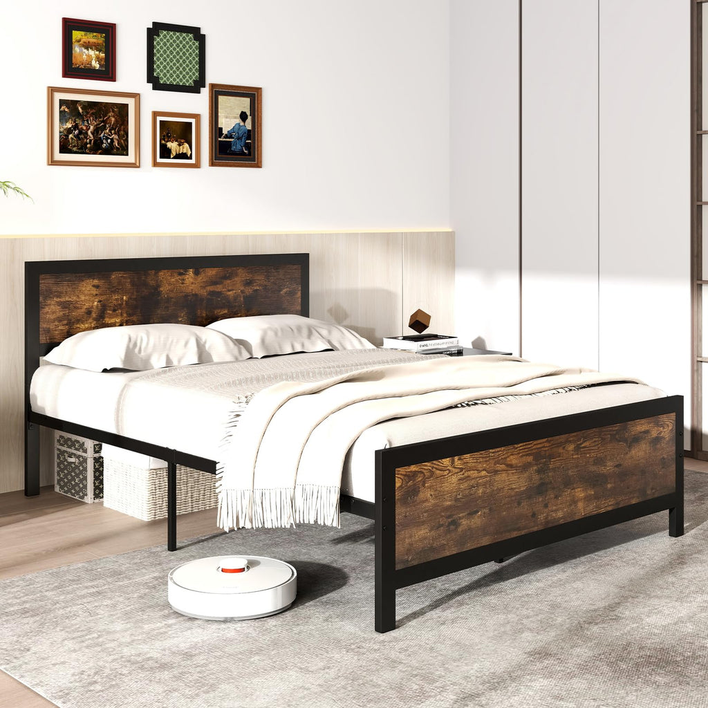 Metal Full Size Platform Bed Frame with Wood Headboard and Footboard R347