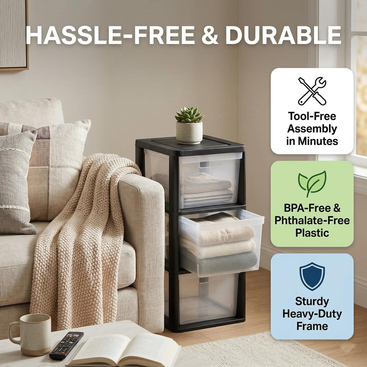 Black 3 Drawer Plastic Storage Tower with Clear Removable Bins Q23862