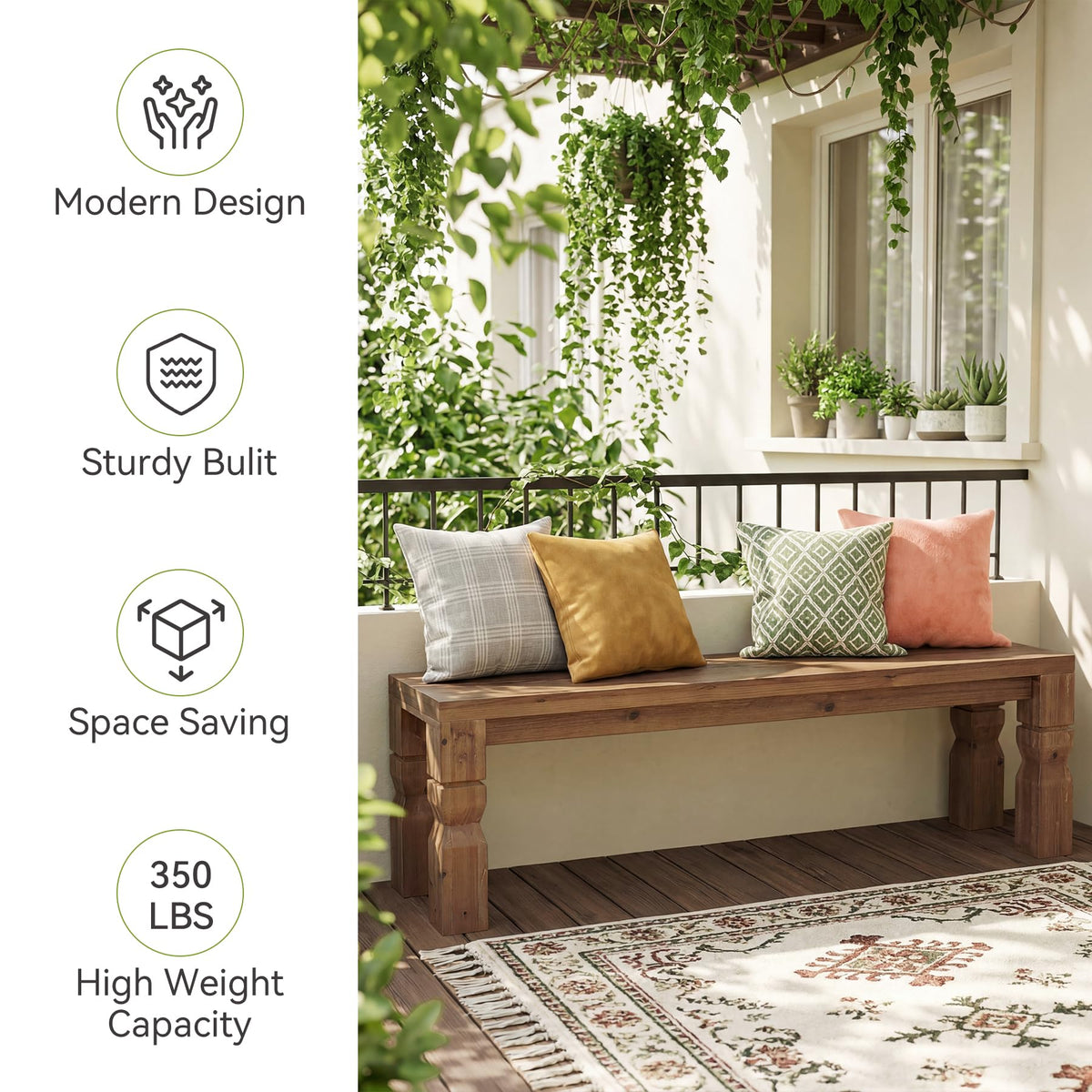Solid Wood Bench 55-Inch Long Rustic Brown N87697