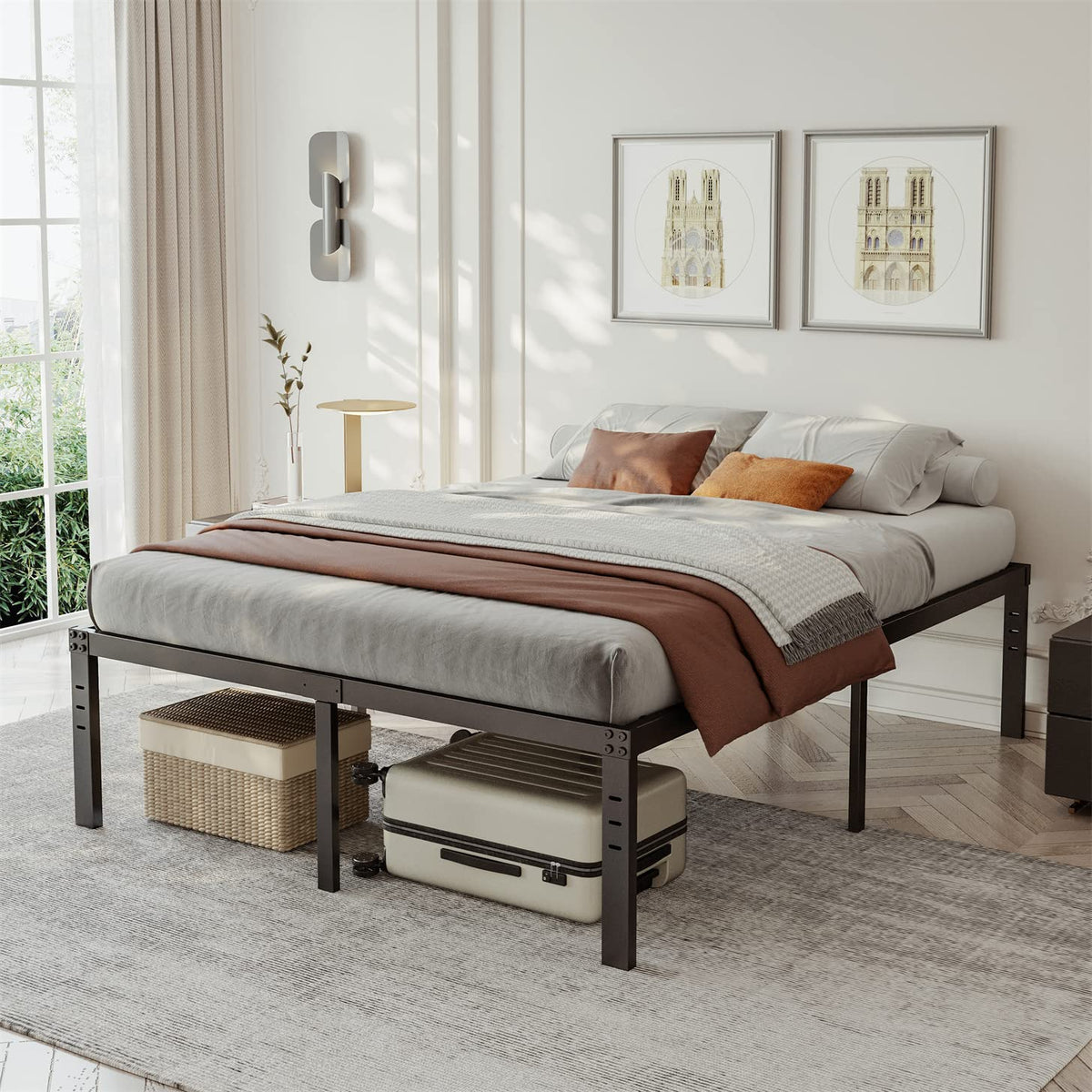Queen Size 18 inch Tall Black Storage Bed Frame with Steel Slats L8515