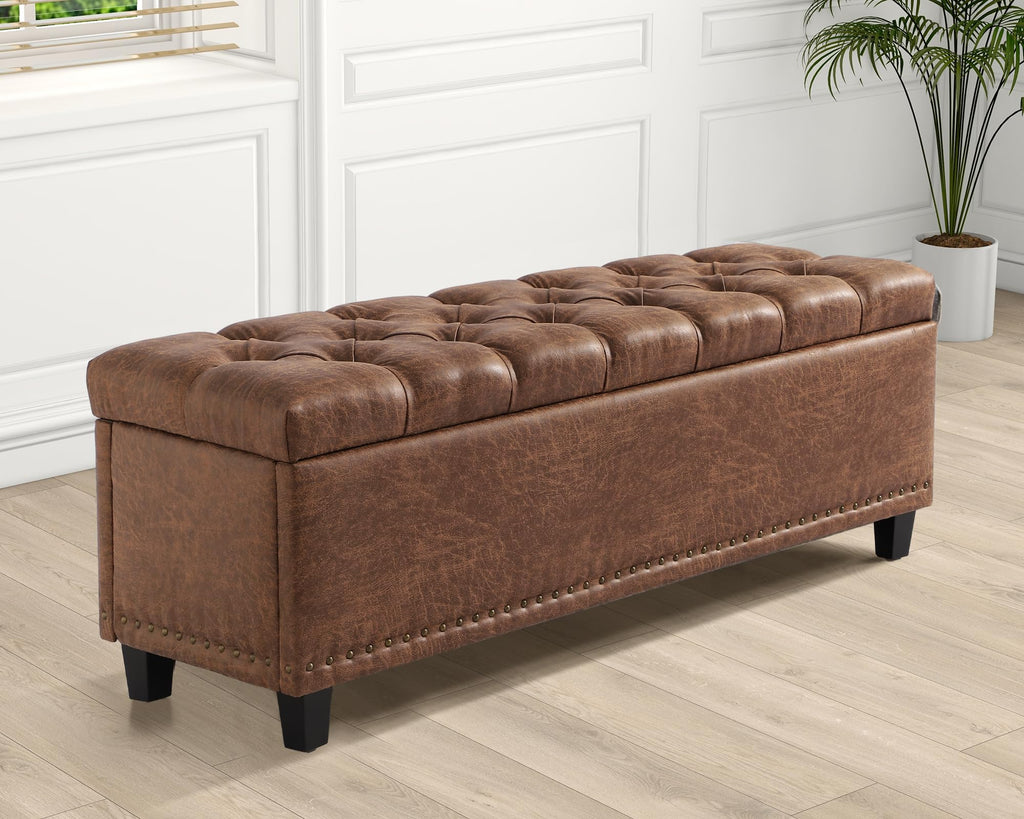 51" Brown Button-Tufted Storage Bench N986