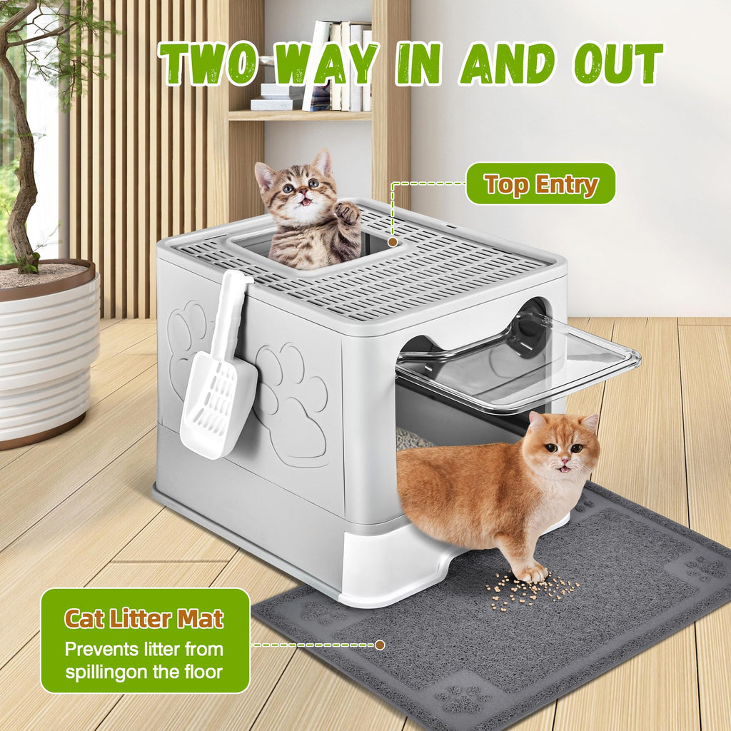 Covered Cat Litter Box, Extra Large Drawer Design with Dual Entry,Pale Grey Y999