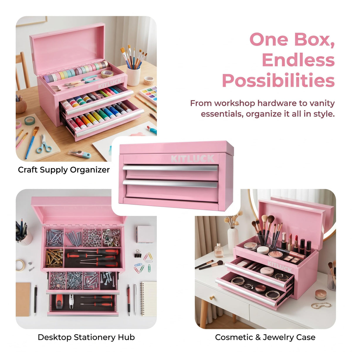 Pink 2-Drawer Metal Tool Box W9169