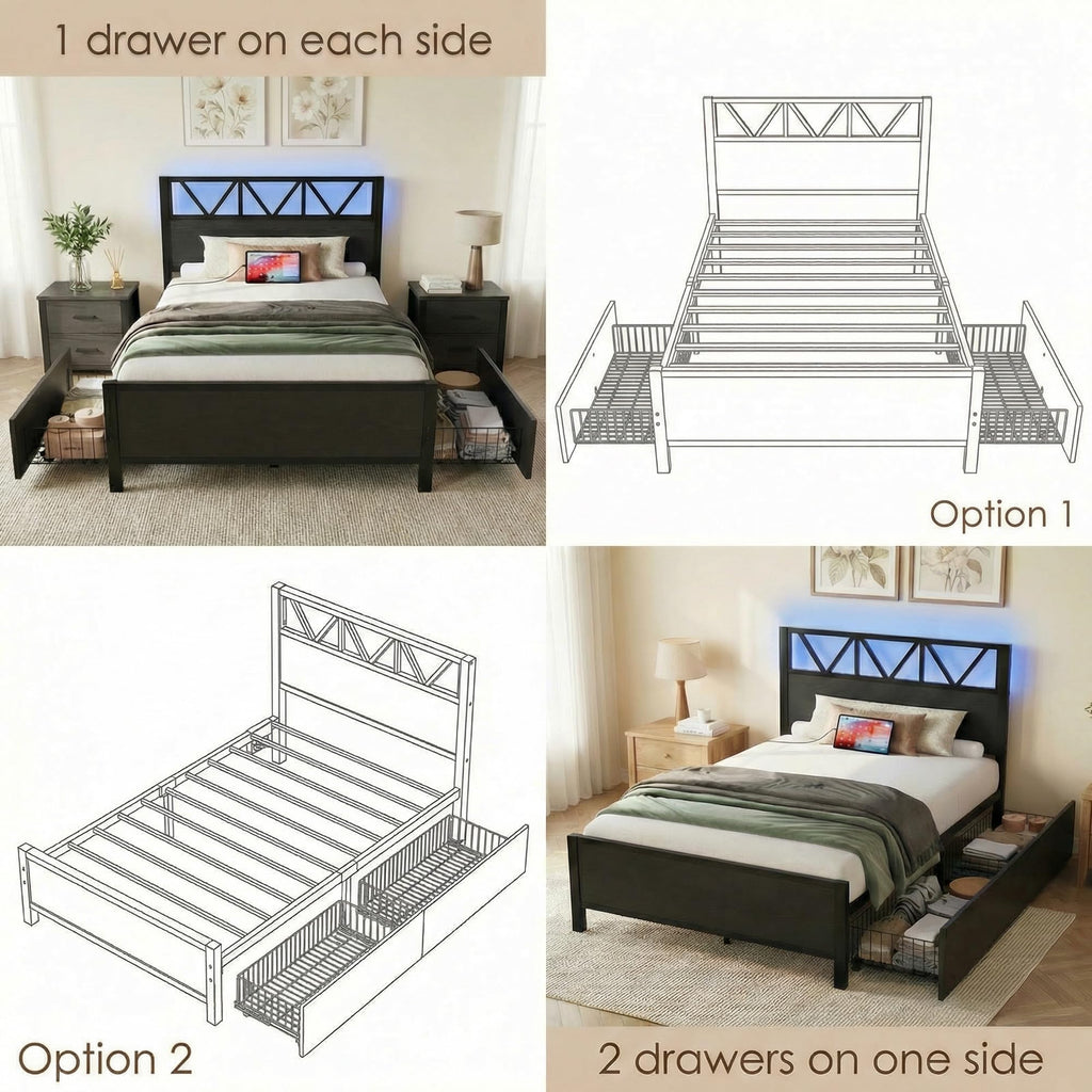 Twin XL Bed Frame with 2 Storage Drawers D124