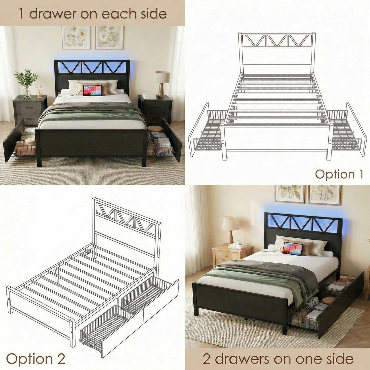 Twin XL Bed Frame with 2 Storage Drawers D124