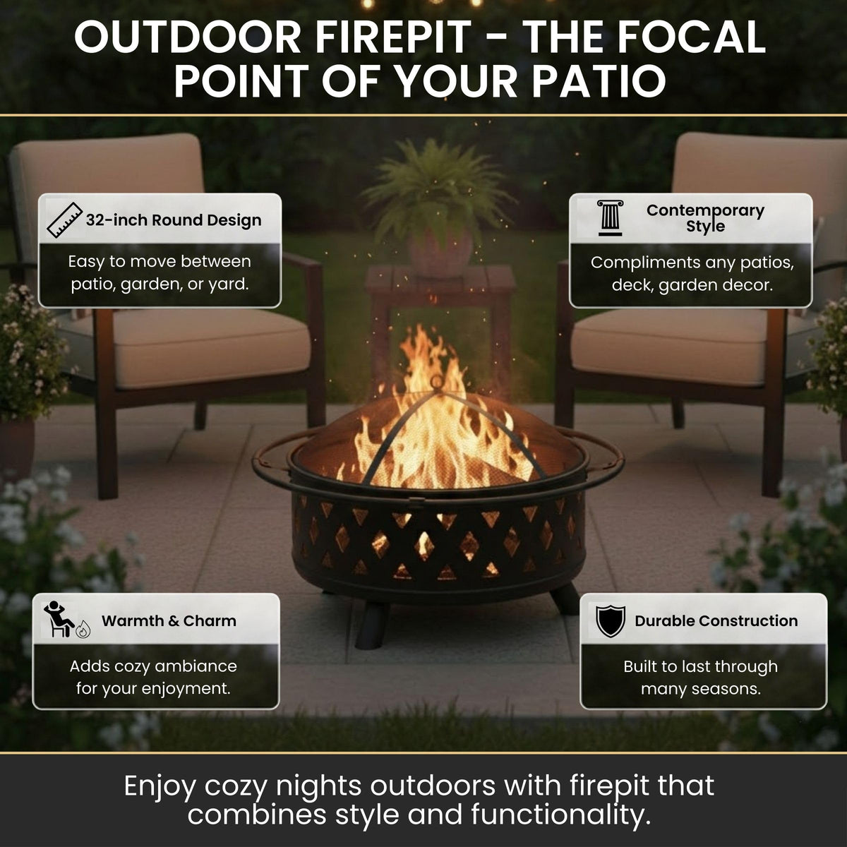 Black 32-Inch Outdoor Fire Pit I4557