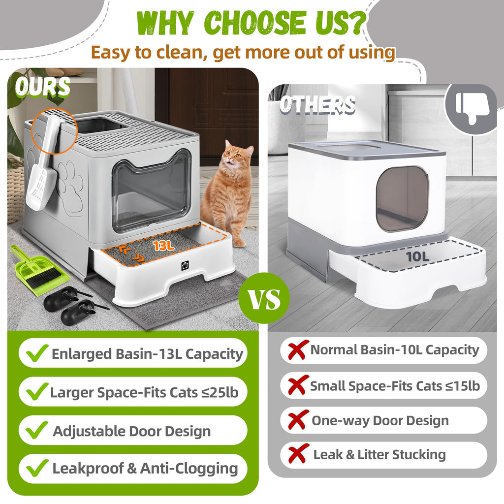 Covered Cat Litter Box, Extra Large Drawer Design with Dual Entry,Pale Grey Y999