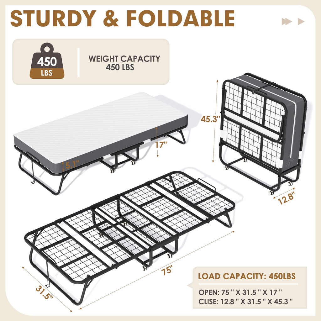 Folding Bed with Mattress, Portable Roll Away Bed, 75" x 31" Q539