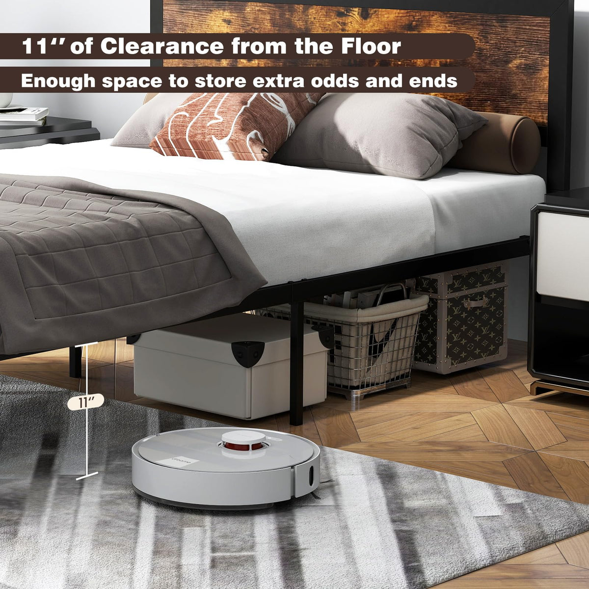 Metal Full Size Platform Bed Frame with Wood Headboard and Footboard R347