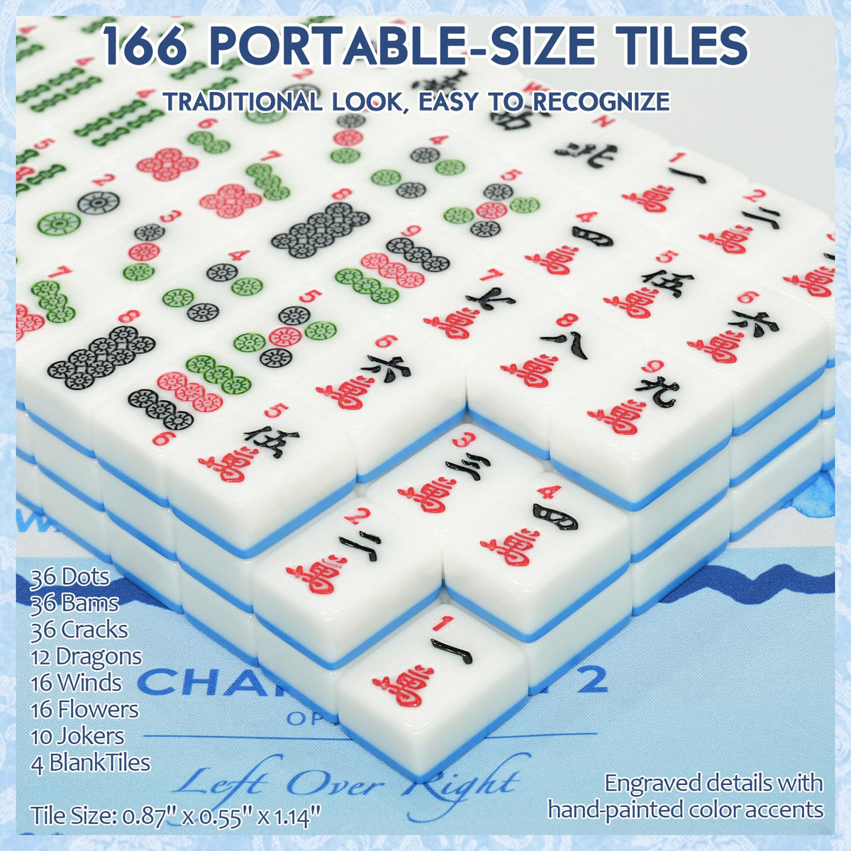 American Mahjong Set with 166 Tiles, Mat, 4 Racks, Dice, Chips, Bags & Instruction U767276
