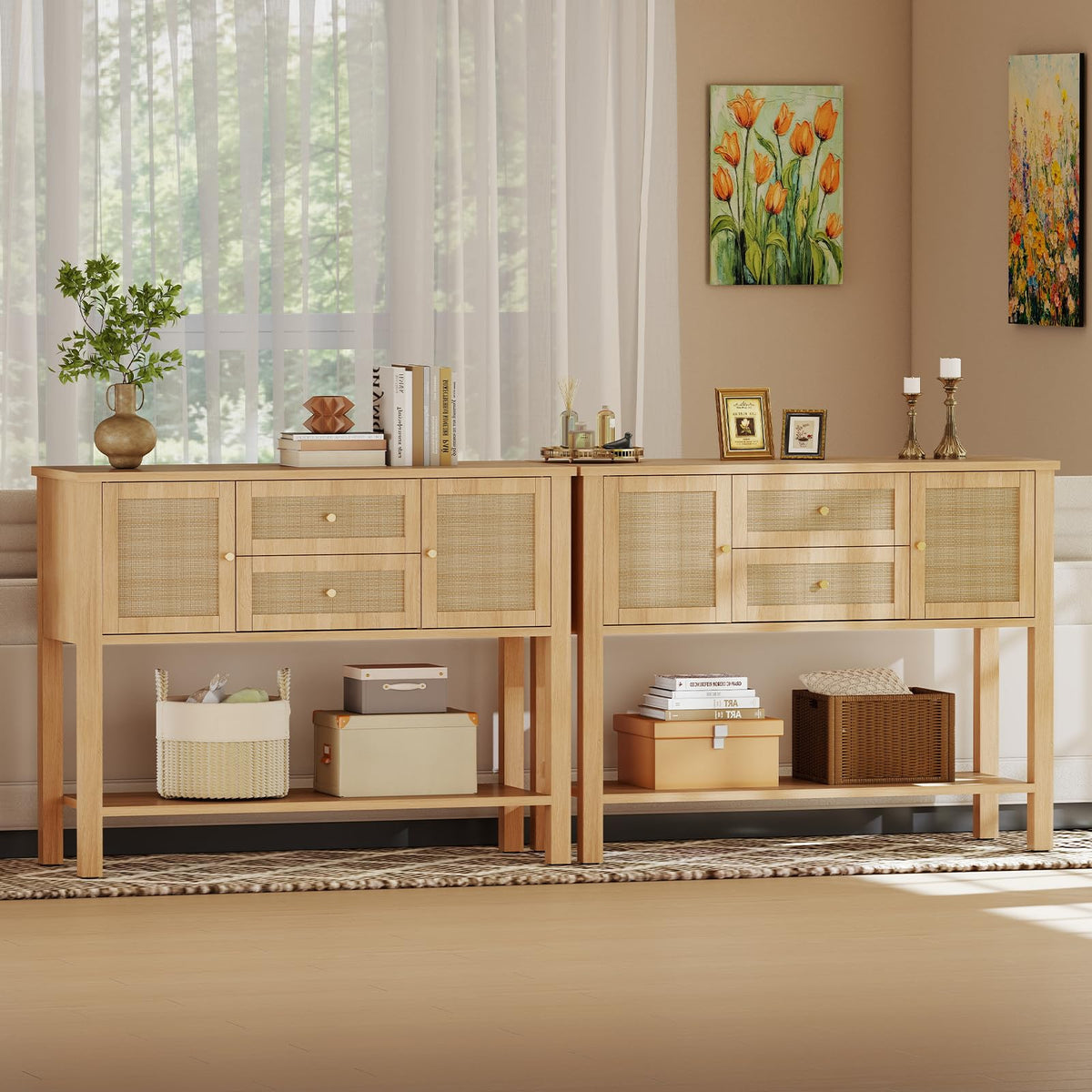 Rattan Console Table with 2 Doors & 2 Drawers D86593