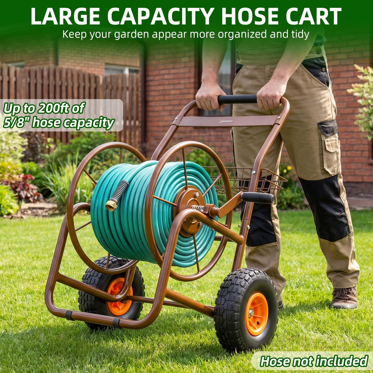 Garden Hose Reel Cart, Heavy Duty Metal with 2 Wheels, Holds 230ft 5/8" T865996