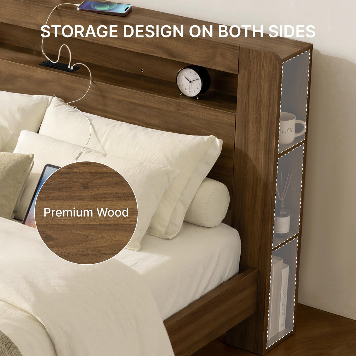 King Walnut Storage Bed Frame with LED Lights H28907