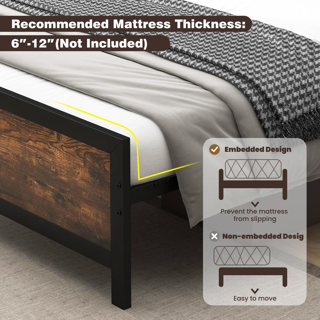 Metal Full Size Platform Bed Frame with Wood Headboard and Footboard R347