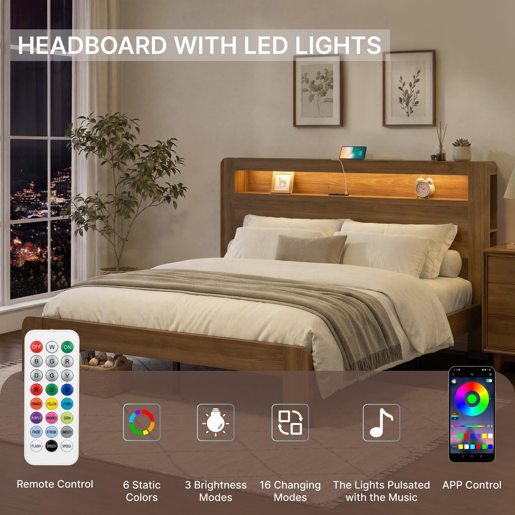 King Walnut Storage Bed Frame with LED Lights H28907