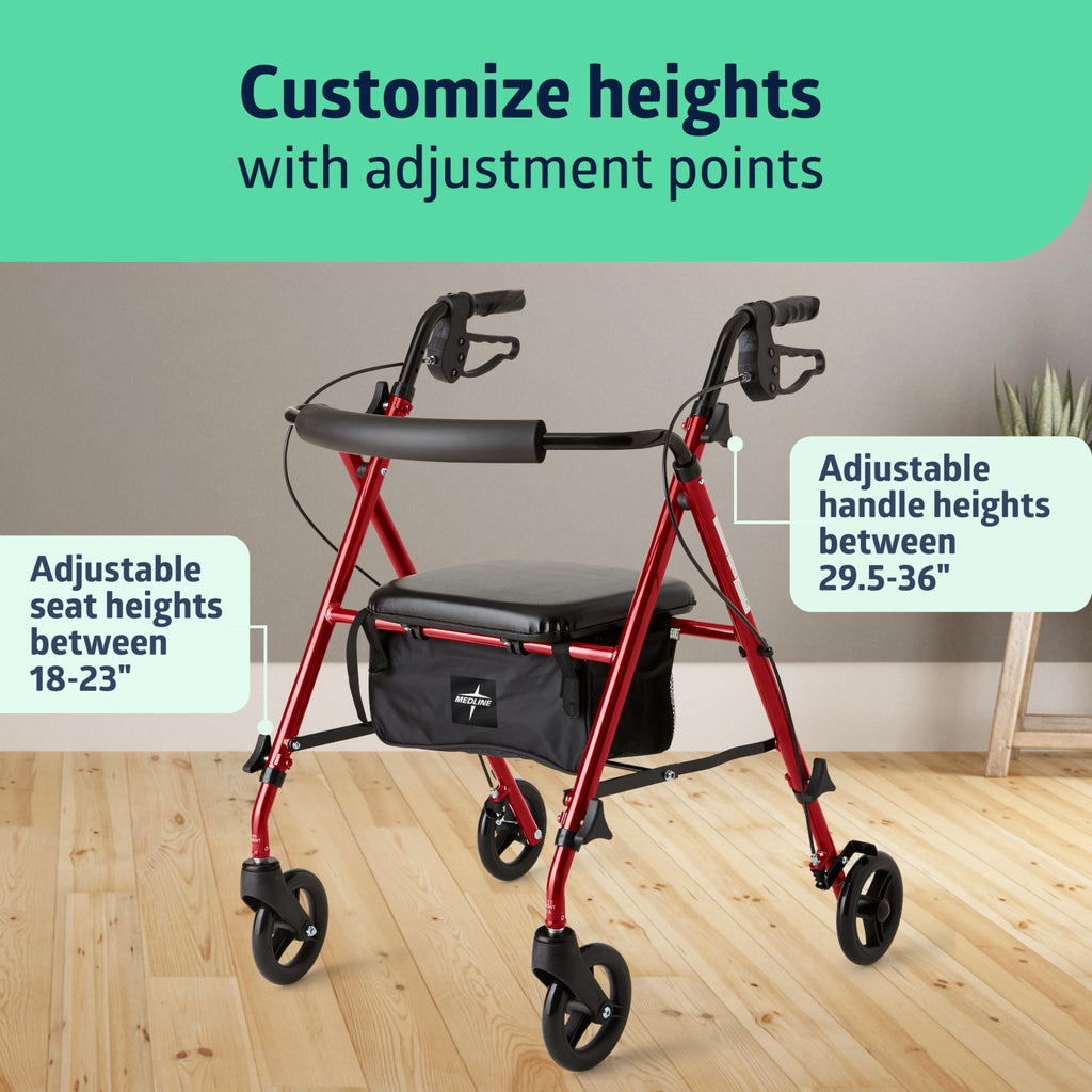 Lightweight Folding Aluminum Rollator Walker with 6-inch Wheels, Adjustable Seat and Arms, Burgundy A1851