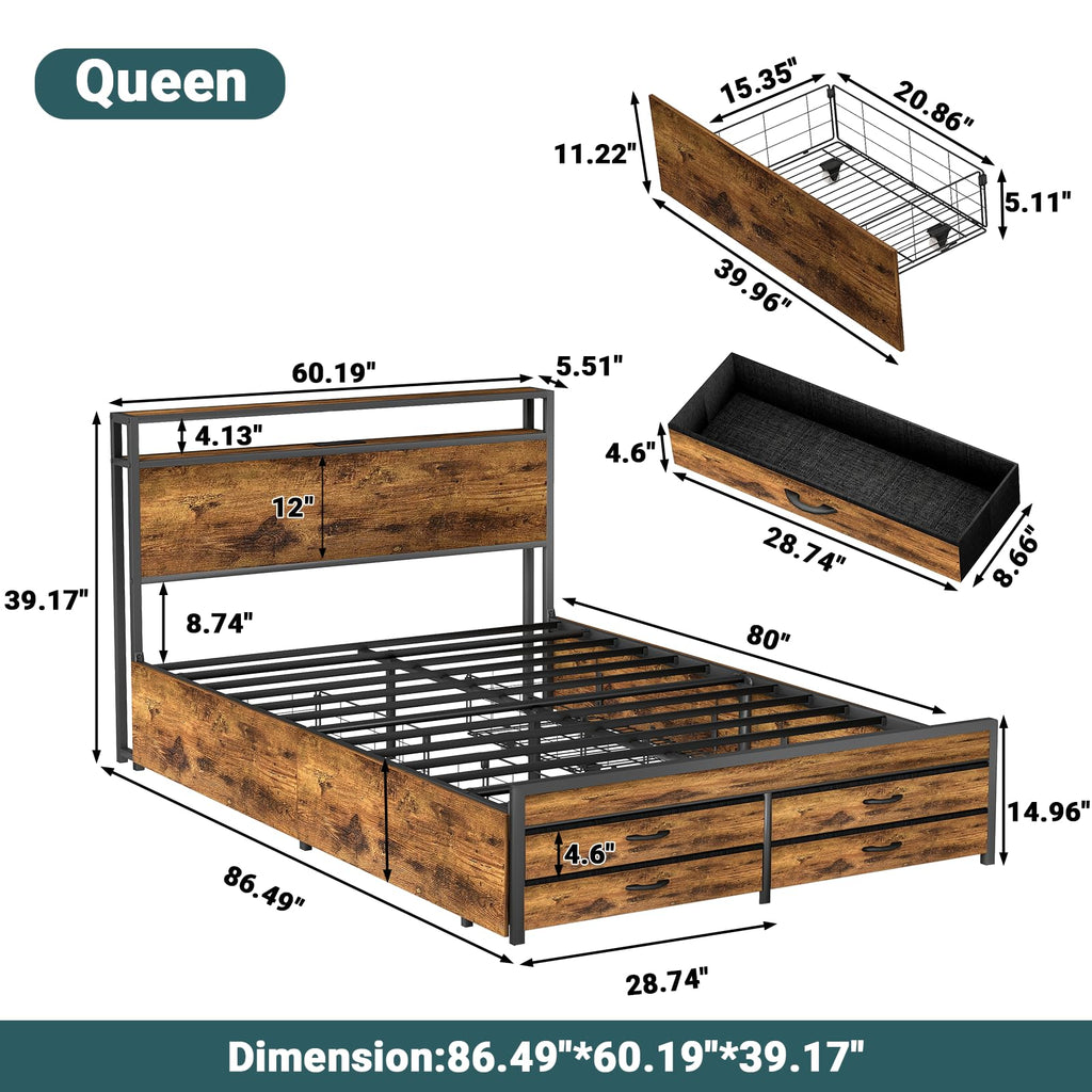 Queen Size Bed Frame with Headboard & 8 Storage Drawers Q615