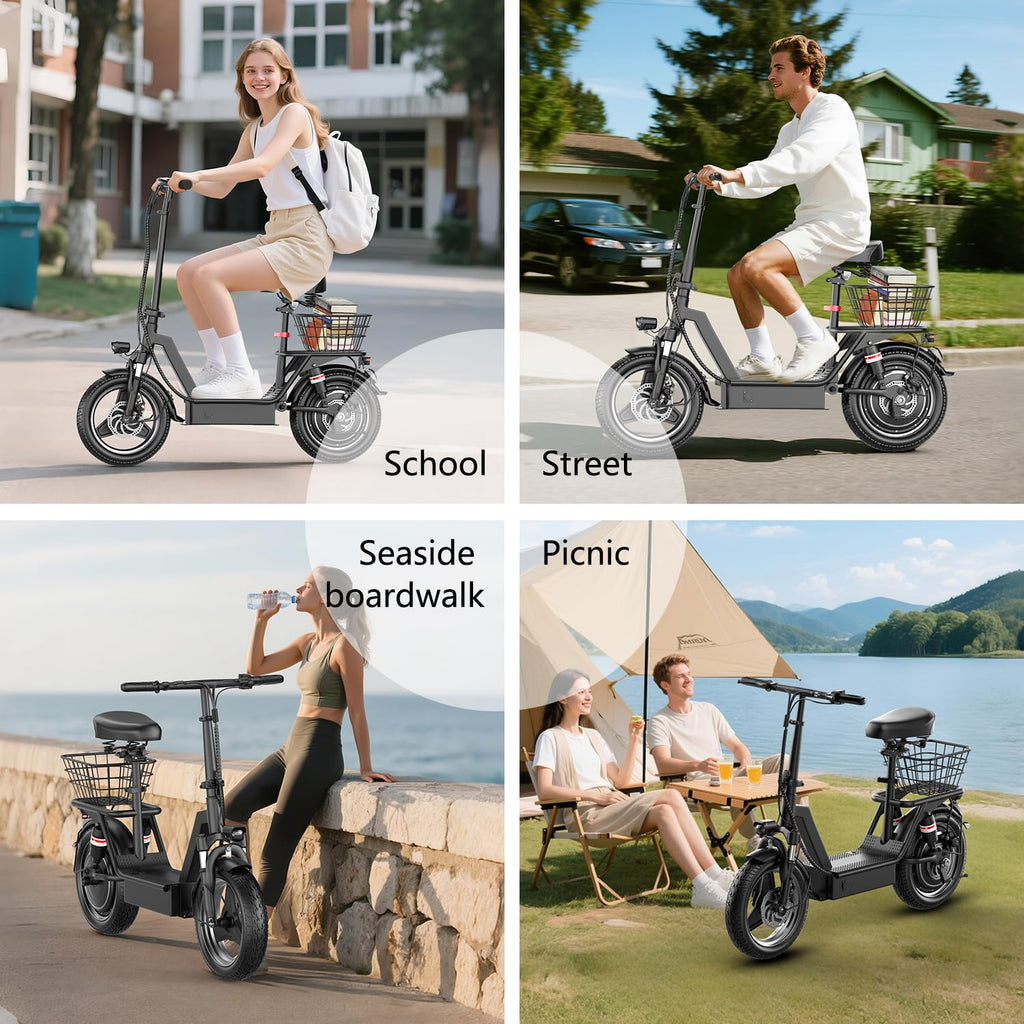 Electric Scooter with Seat, 25 MPH, 350W Motor, 15.5 Miles Range, 48V Battery, 14" Foldable S6567