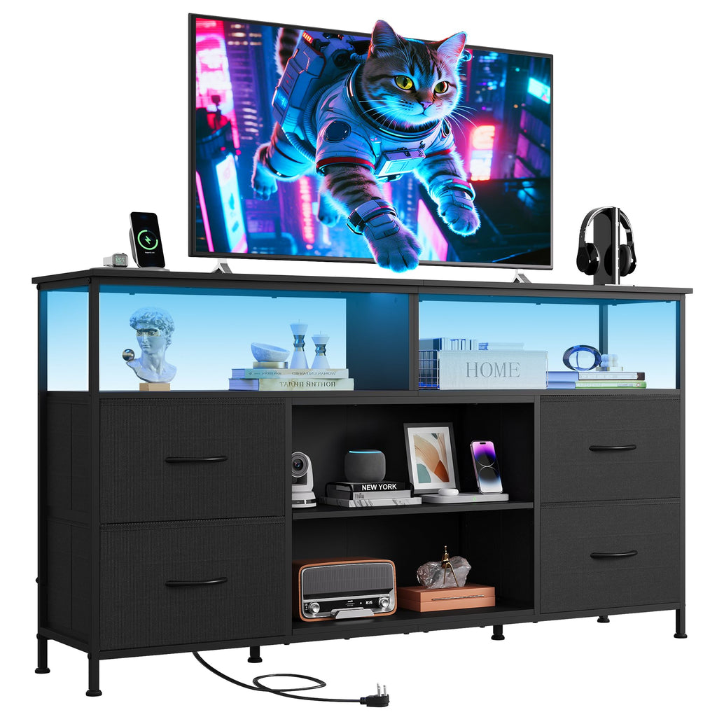 Black TV Stand Dresser with LED Lights and Fabric Drawers Z13224