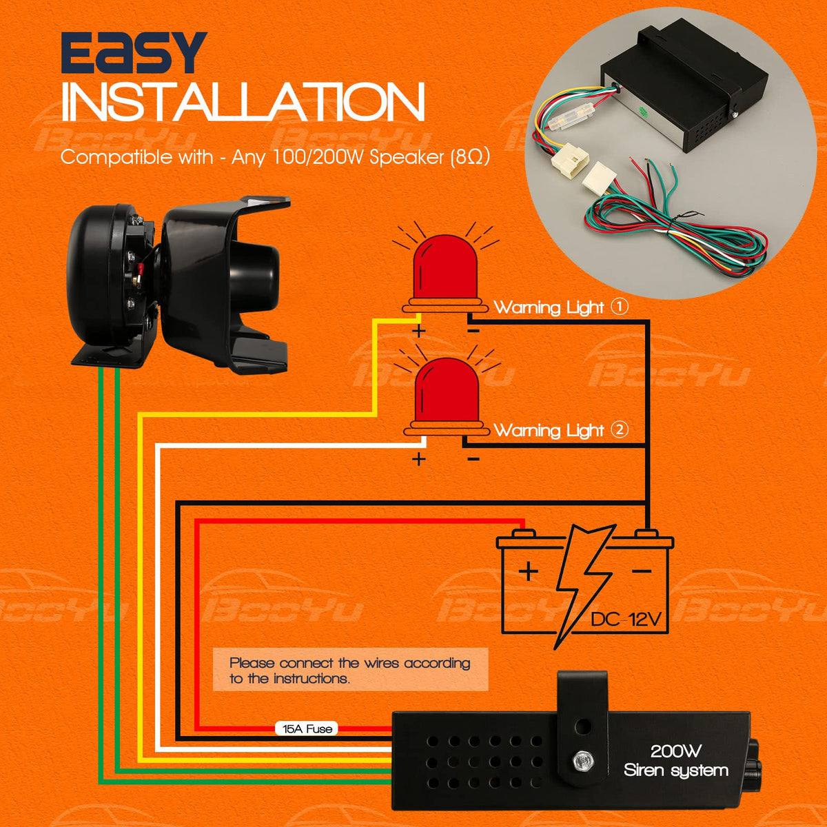 12V 200W 9 Tones Emergency Warning Siren PA System with Handheld Microphone C42994