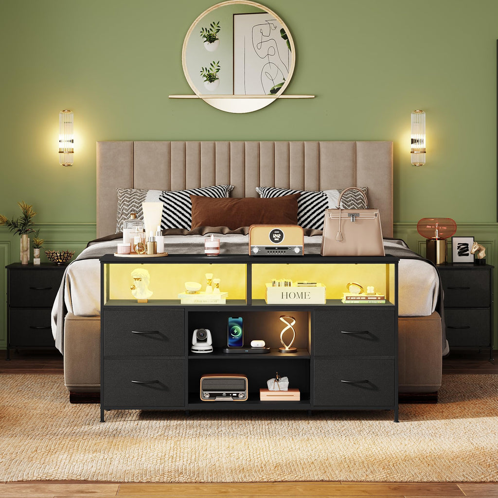 Black TV Stand Dresser with LED Lights and Fabric Drawers Z13224