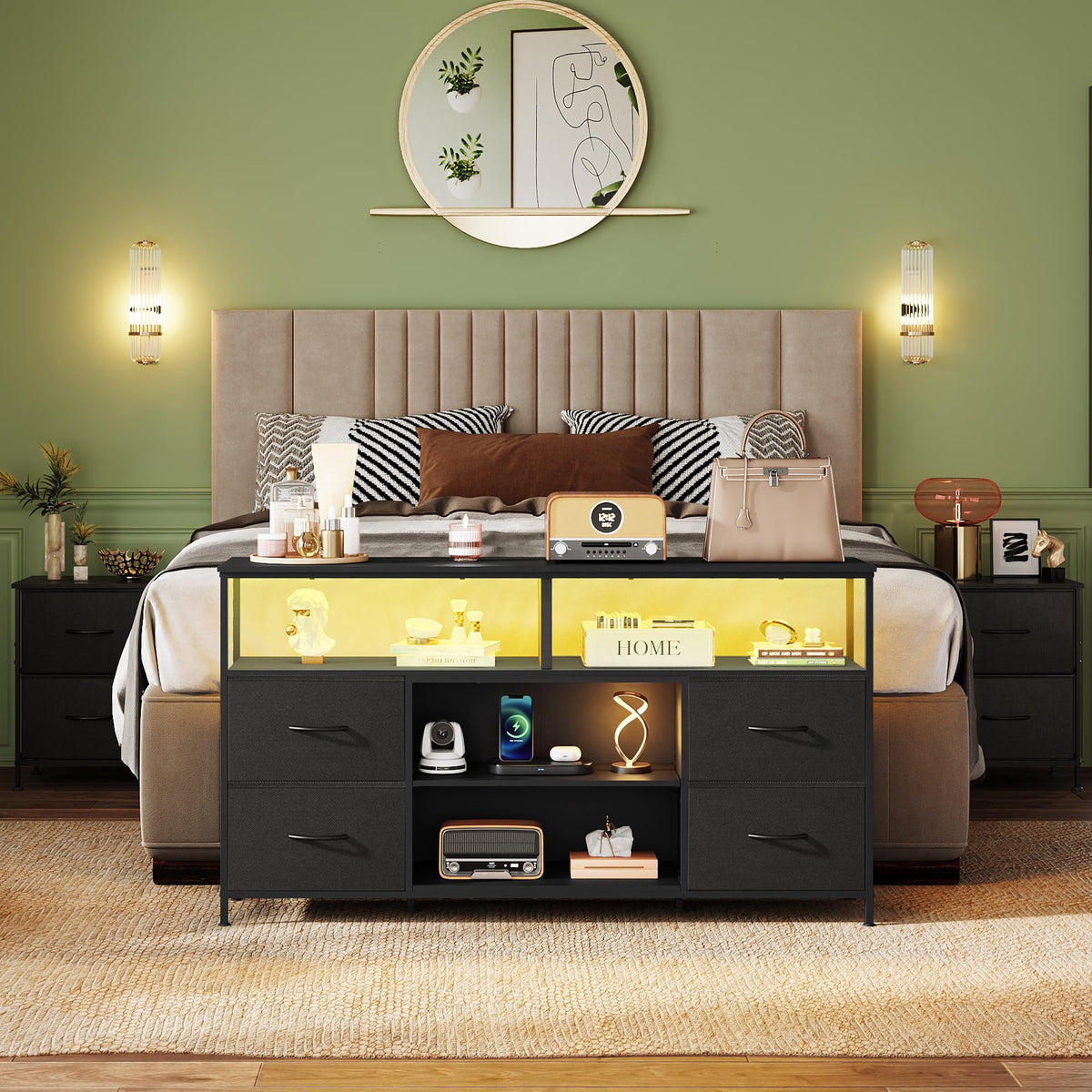 Black TV Stand Dresser with LED Lights and Fabric Drawers Z13224