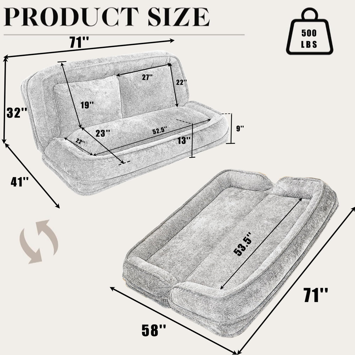 Oversized Convertible Floor Sofa Bed with 3 Pillows X423