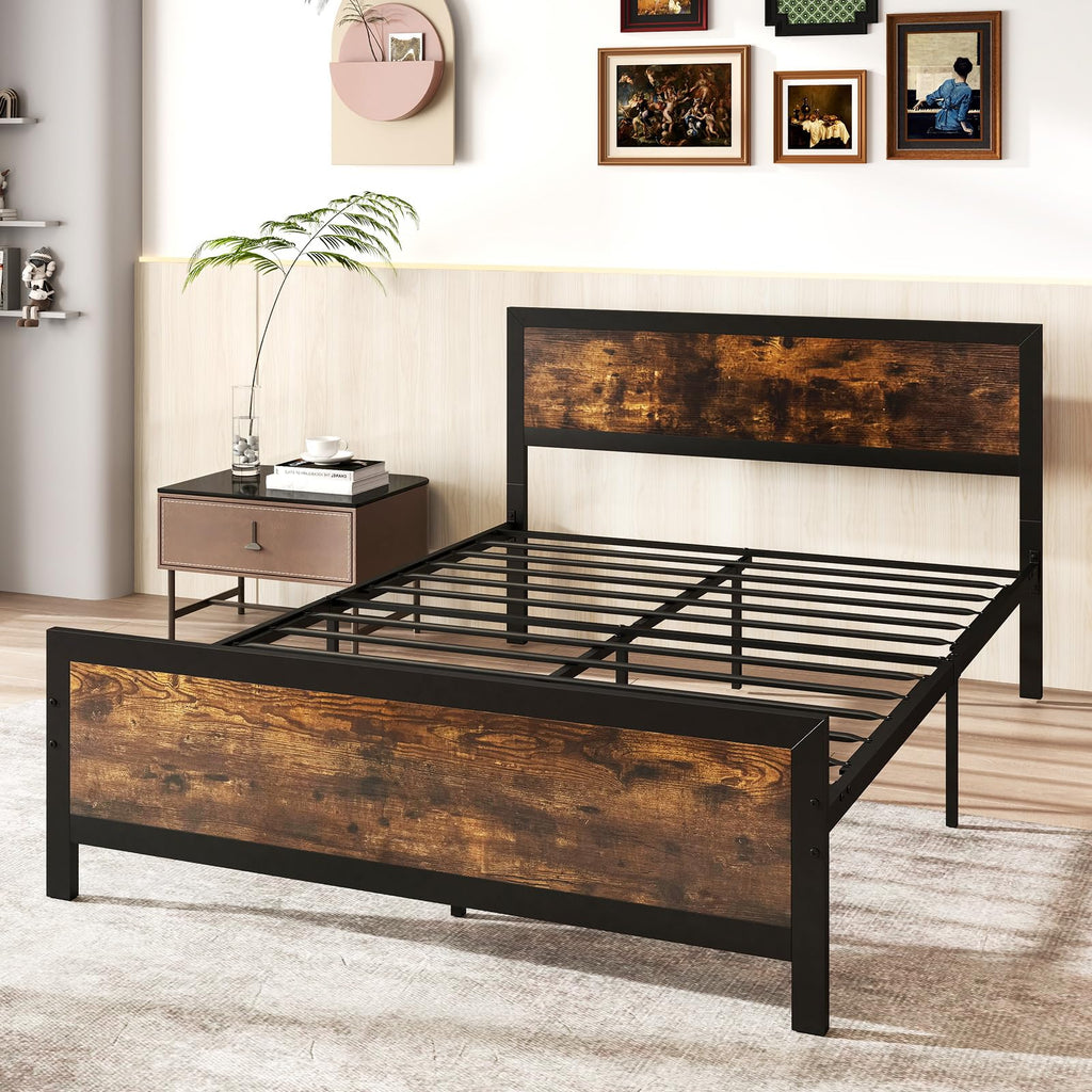Metal Full Size Platform Bed Frame with Wood Headboard and Footboard R347