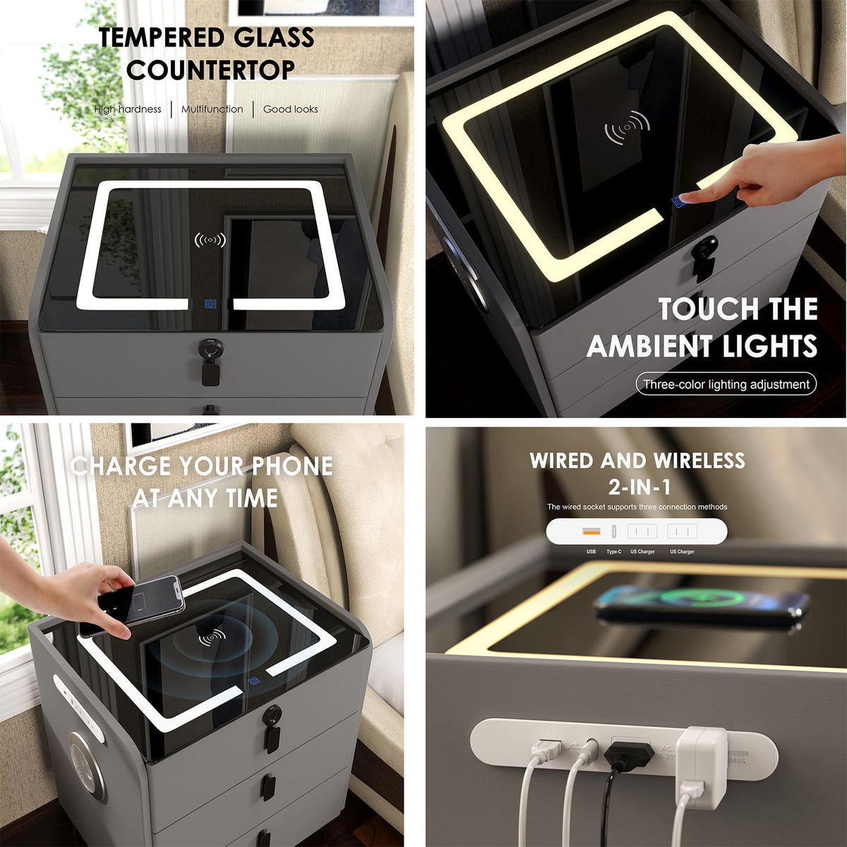 Wireless Charging Fingerprint Lock Nightstand X27036
