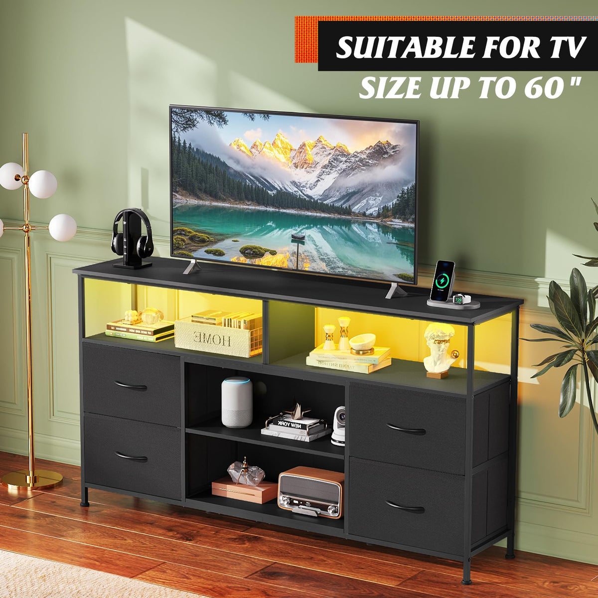 Black TV Stand Dresser with LED Lights and Fabric Drawers Z13224