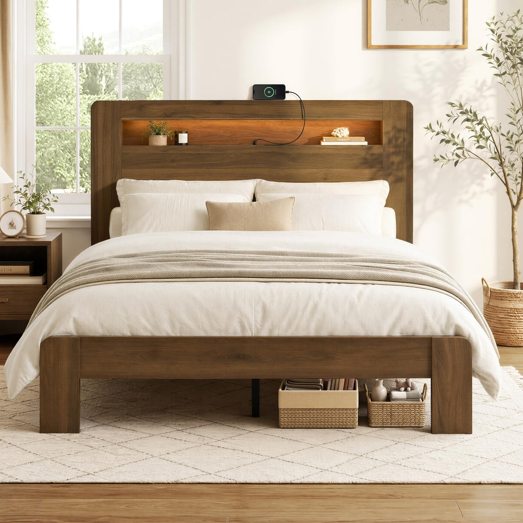King Walnut Storage Bed Frame with LED Lights H28907