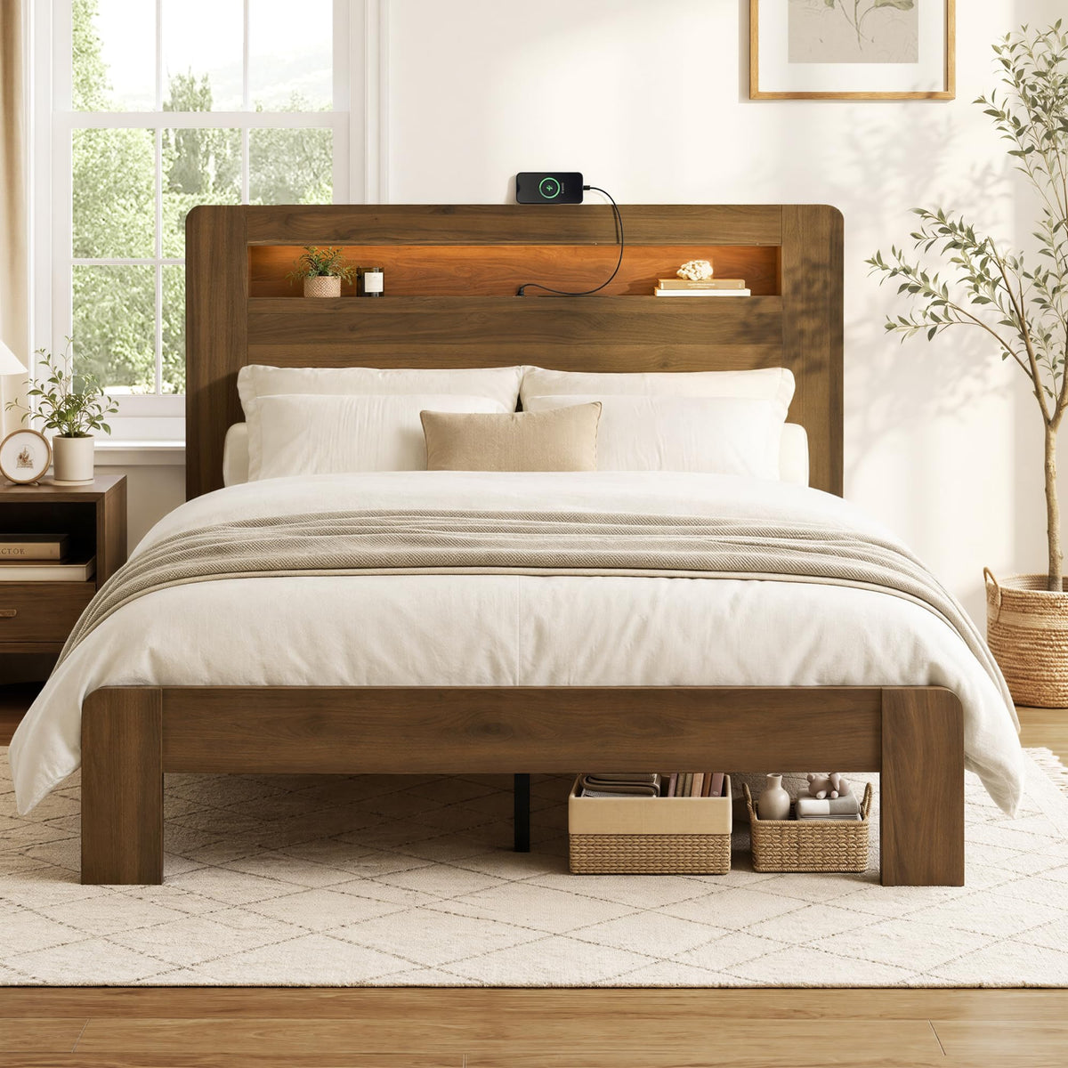 King Walnut Storage Bed Frame with LED Lights H28907