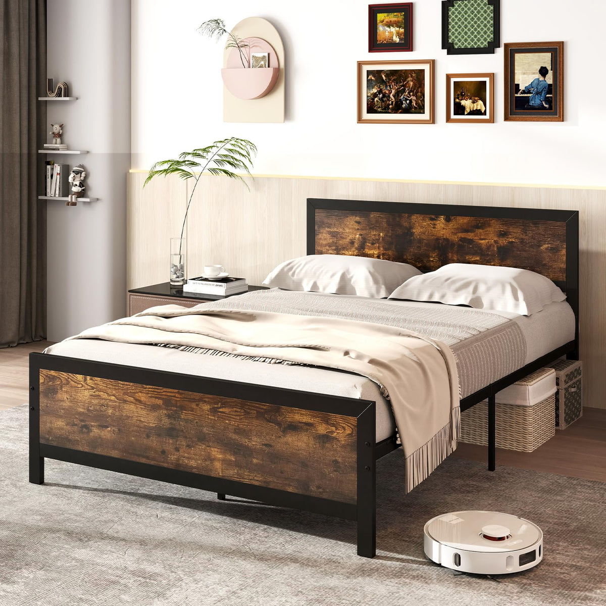 Metal Full Size Platform Bed Frame with Wood Headboard and Footboard R347