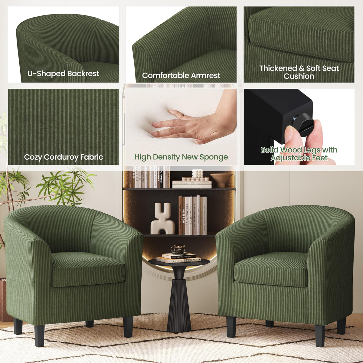 Corduroy Barrel Armchairs Set of 2 Dark Green V507300