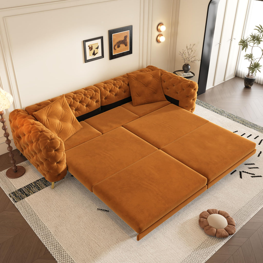 Orange Velvet Convertible Sleeper Sofa with Ottoman X759376