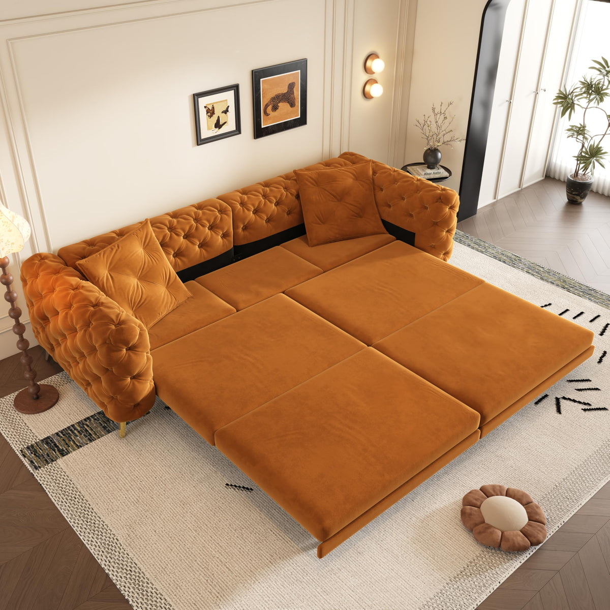Orange Velvet Convertible Sleeper Sofa with Ottoman X759376