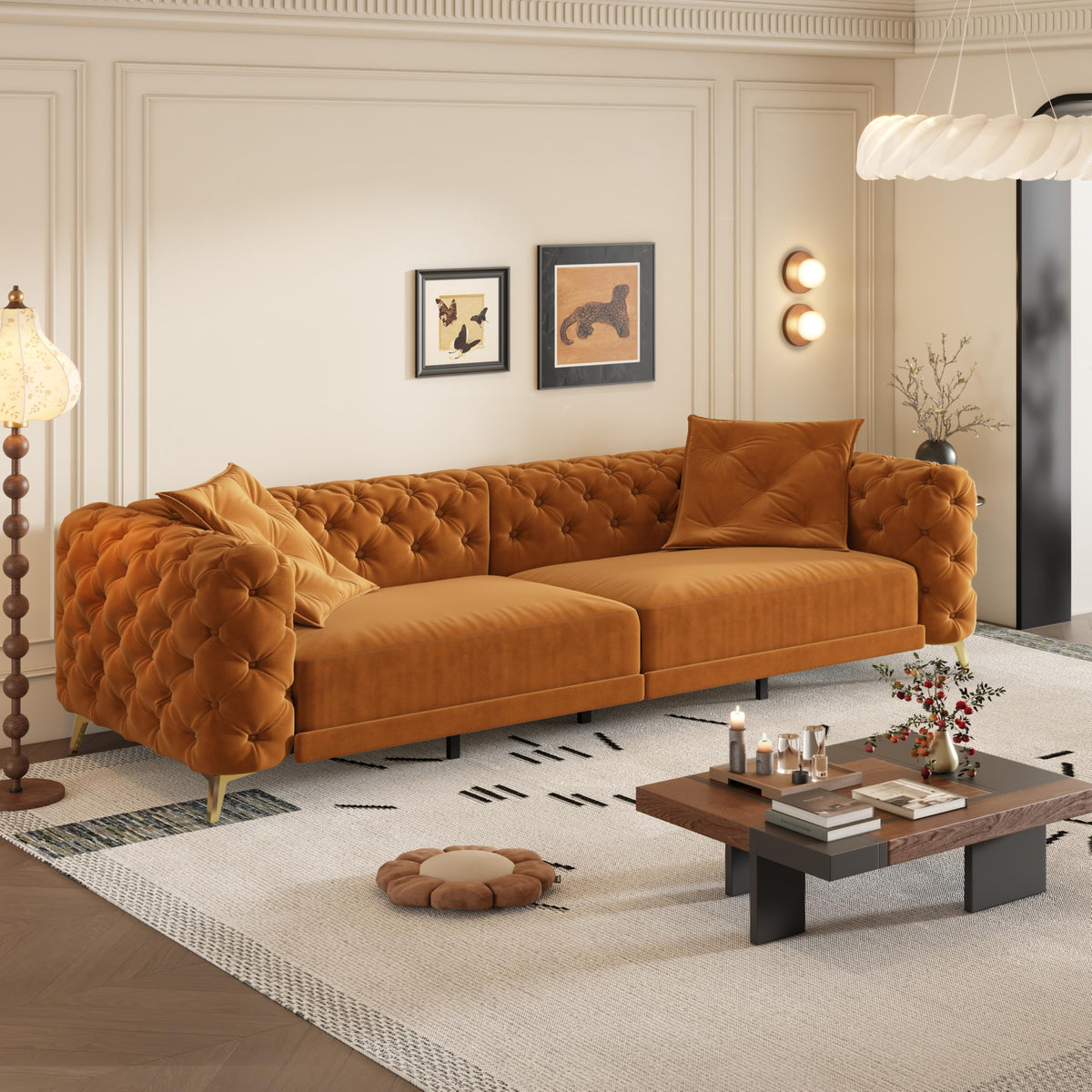 Orange Velvet Convertible Sleeper Sofa with Ottoman X759376
